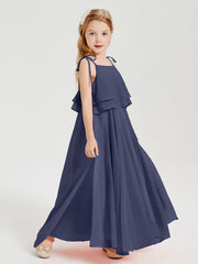 Long Chiffon Junior Bridesmaid Dresses Bowknot Spaghetti Straps Stormy