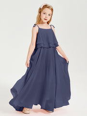 Long Chiffon Junior Bridesmaid Dresses Bowknot Spaghetti Straps Stormy
