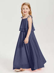 Long Chiffon Junior Bridesmaid Dresses Bowknot Spaghetti Straps Stormy