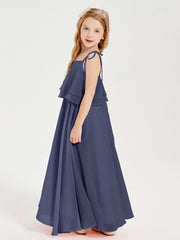 Long Chiffon Junior Bridesmaid Dresses Bowknot Spaghetti Straps Stormy