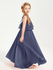 Long Chiffon Junior Bridesmaid Dresses Bowknot Spaghetti Straps Stormy