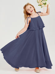 Long Chiffon Junior Bridesmaid Dresses Bowknot Spaghetti Straps Stormy