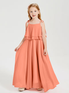 Long Chiffon Junior Bridesmaid Dresses Bowknot Spaghetti Straps Sunset