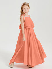 Long Chiffon Junior Bridesmaid Dresses Bowknot Spaghetti Straps Sunset