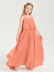 Long Chiffon Junior Bridesmaid Dresses Bowknot Spaghetti Straps Sunset