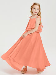 Long Chiffon Junior Bridesmaid Dresses Bowknot Spaghetti Straps Sunset