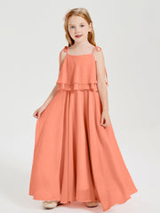 Long Chiffon Junior Bridesmaid Dresses Bowknot Spaghetti Straps Sunset