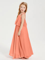 Long Chiffon Junior Bridesmaid Dresses Bowknot Spaghetti Straps Sunset