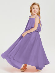 Long Chiffon Junior Bridesmaid Dresses Bowknot Spaghetti Straps Tahiti