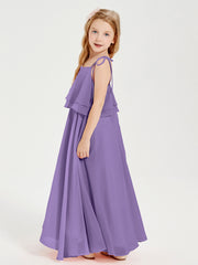 Long Chiffon Junior Bridesmaid Dresses Bowknot Spaghetti Straps Tahiti