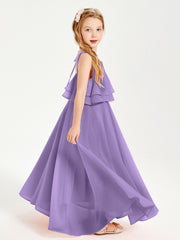 Long Chiffon Junior Bridesmaid Dresses Bowknot Spaghetti Straps Tahiti