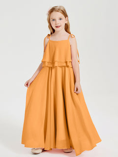 Long Chiffon Junior Bridesmaid Dresses Bowknot Spaghetti Straps Tangerine