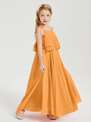 Long Chiffon Junior Bridesmaid Dresses Bowknot Spaghetti Straps Tangerine