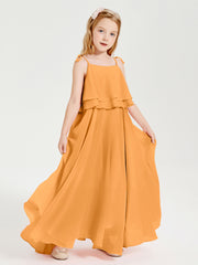 Long Chiffon Junior Bridesmaid Dresses Bowknot Spaghetti Straps Tangerine
