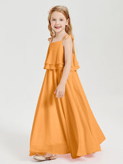 Long Chiffon Junior Bridesmaid Dresses Bowknot Spaghetti Straps Tangerine