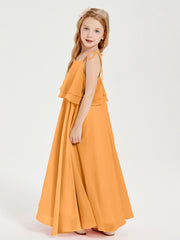 Long Chiffon Junior Bridesmaid Dresses Bowknot Spaghetti Straps Tangerine