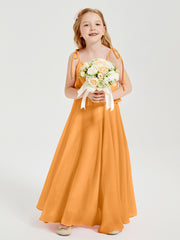 Long Chiffon Junior Bridesmaid Dresses Bowknot Spaghetti Straps Tangerine