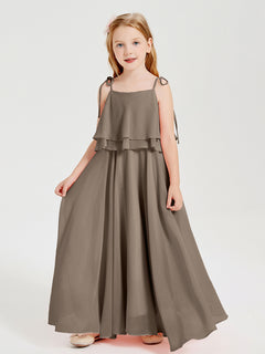 Long Chiffon Junior Bridesmaid Dresses Bowknot Spaghetti Straps Taupe