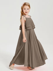 Long Chiffon Junior Bridesmaid Dresses Bowknot Spaghetti Straps Taupe