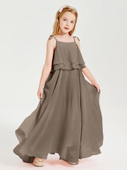 Long Chiffon Junior Bridesmaid Dresses Bowknot Spaghetti Straps Taupe
