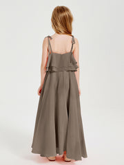 Long Chiffon Junior Bridesmaid Dresses Bowknot Spaghetti Straps Taupe