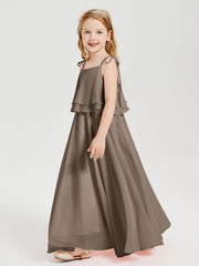 Long Chiffon Junior Bridesmaid Dresses Bowknot Spaghetti Straps Taupe