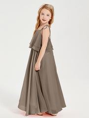 Long Chiffon Junior Bridesmaid Dresses Bowknot Spaghetti Straps Taupe