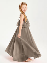 Long Chiffon Junior Bridesmaid Dresses Bowknot Spaghetti Straps Taupe