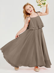 Long Chiffon Junior Bridesmaid Dresses Bowknot Spaghetti Straps Taupe