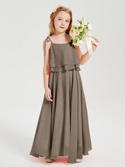 Long Chiffon Junior Bridesmaid Dresses Bowknot Spaghetti Straps Taupe