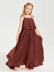 Long Chiffon Junior Bridesmaid Dresses Bowknot Spaghetti Straps Terracotta