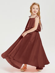 Long Chiffon Junior Bridesmaid Dresses Bowknot Spaghetti Straps Terracotta