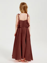 Long Chiffon Junior Bridesmaid Dresses Bowknot Spaghetti Straps Terracotta