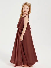 Long Chiffon Junior Bridesmaid Dresses Bowknot Spaghetti Straps Terracotta