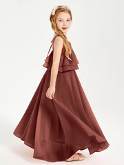 Long Chiffon Junior Bridesmaid Dresses Bowknot Spaghetti Straps Terracotta