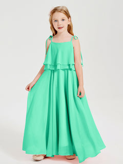 Long Chiffon Junior Bridesmaid Dresses Bowknot Spaghetti Straps Turquoise