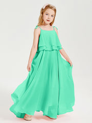 Long Chiffon Junior Bridesmaid Dresses Bowknot Spaghetti Straps Turquoise