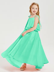Long Chiffon Junior Bridesmaid Dresses Bowknot Spaghetti Straps Turquoise