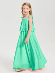 Long Chiffon Junior Bridesmaid Dresses Bowknot Spaghetti Straps Turquoise