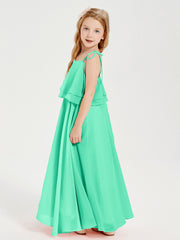 Long Chiffon Junior Bridesmaid Dresses Bowknot Spaghetti Straps Turquoise