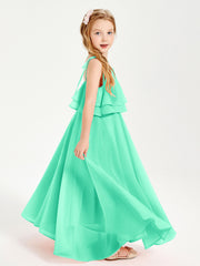 Long Chiffon Junior Bridesmaid Dresses Bowknot Spaghetti Straps Turquoise
