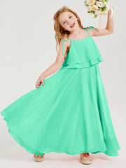 Long Chiffon Junior Bridesmaid Dresses Bowknot Spaghetti Straps Turquoise