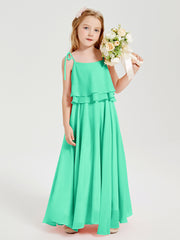 Long Chiffon Junior Bridesmaid Dresses Bowknot Spaghetti Straps Turquoise