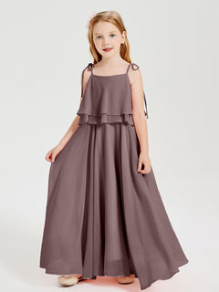 Long Chiffon Junior Bridesmaid Dresses Bowknot Spaghetti Straps Vintage Mauve