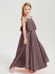 Long Chiffon Junior Bridesmaid Dresses Bowknot Spaghetti Straps Vintage Mauve