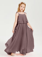 Long Chiffon Junior Bridesmaid Dresses Bowknot Spaghetti Straps Vintage Mauve
