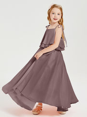 Long Chiffon Junior Bridesmaid Dresses Bowknot Spaghetti Straps Vintage Mauve