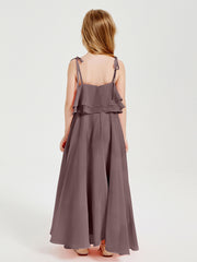 Long Chiffon Junior Bridesmaid Dresses Bowknot Spaghetti Straps Vintage Mauve