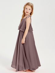 Long Chiffon Junior Bridesmaid Dresses Bowknot Spaghetti Straps Vintage Mauve