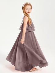Long Chiffon Junior Bridesmaid Dresses Bowknot Spaghetti Straps Vintage Mauve
